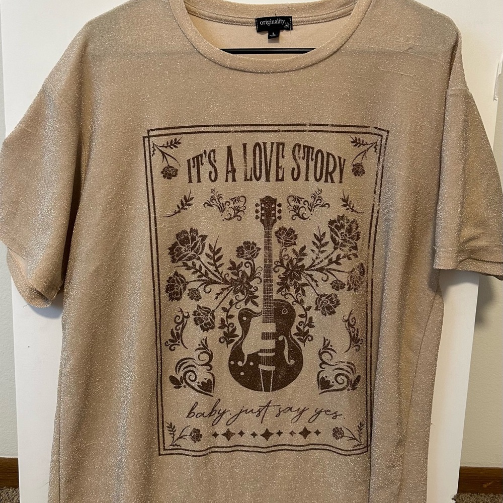 Gold glittery “love story” Taylor swift oversized tee